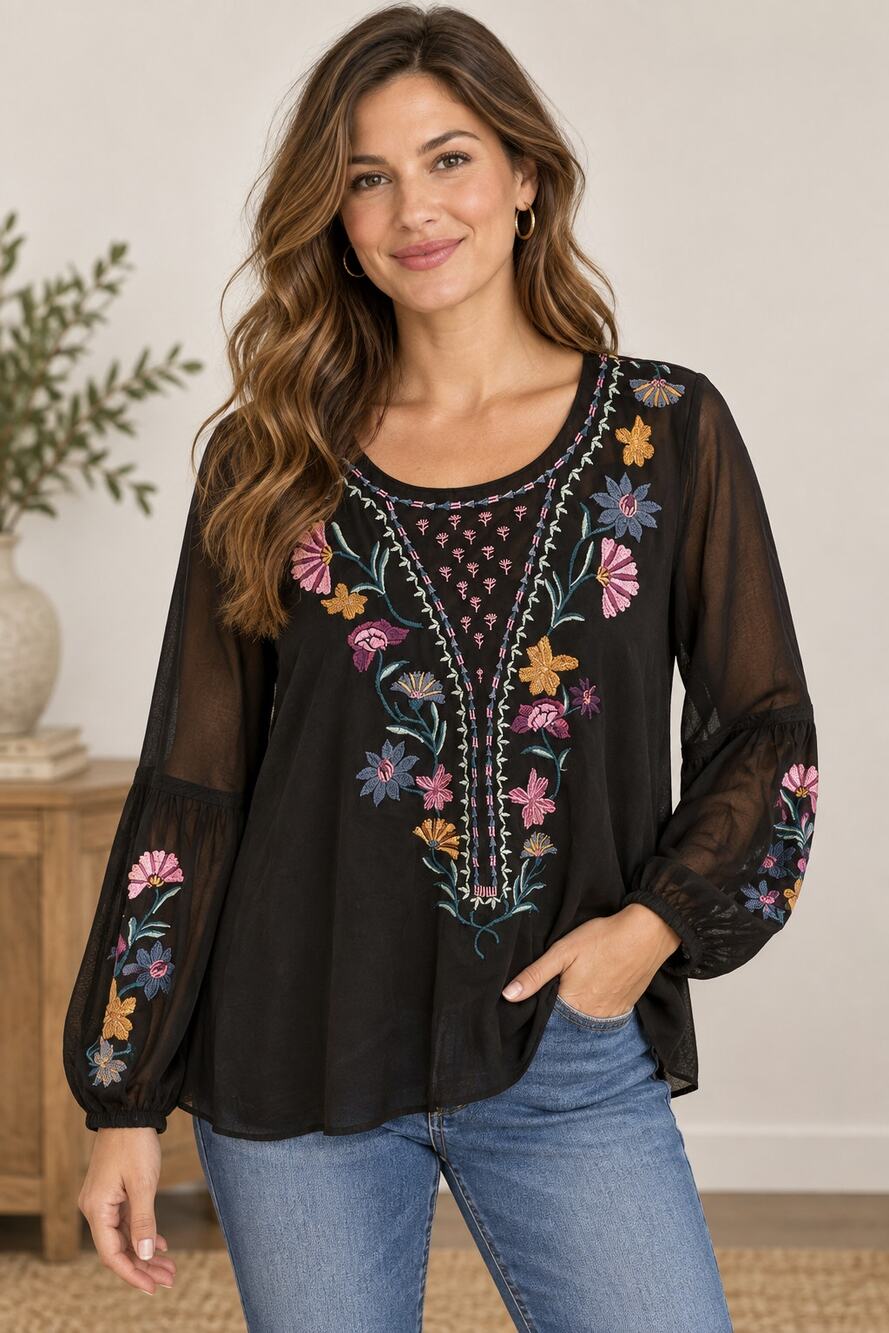 Style & Co blue embroidered layered blouse sheer long sleeves petite medium